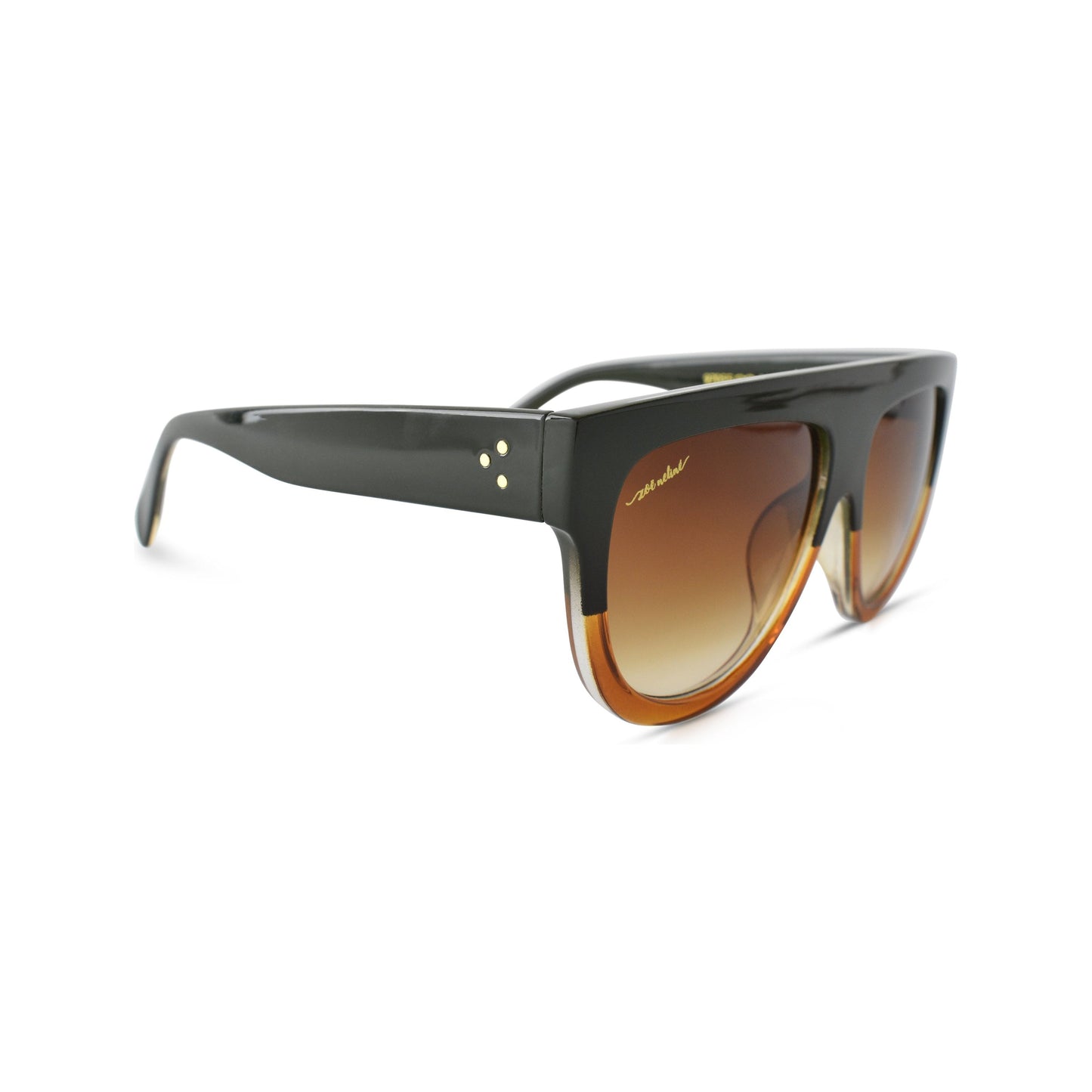 Wide Temple Flat Top Oversized Aviator Sunglasses- Dark Green and Light brown Ombre